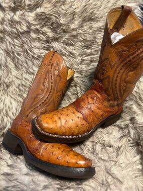 Justin Boots Tan Ostrich & Leather Western Cowboy Boots Sz 9 B